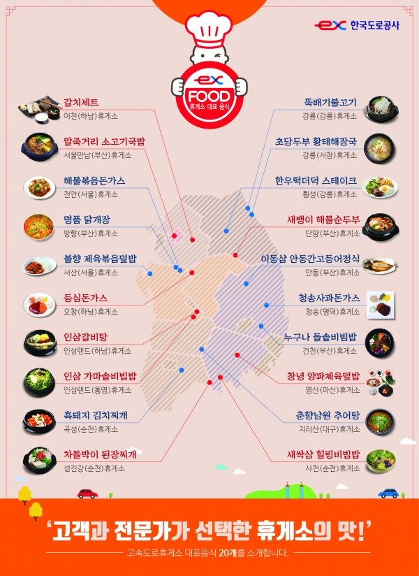 ‘고속도로 휴게소 대표음식 Top 20(EX-FOOD)’ 맛지도. 자료=한국도로공사.