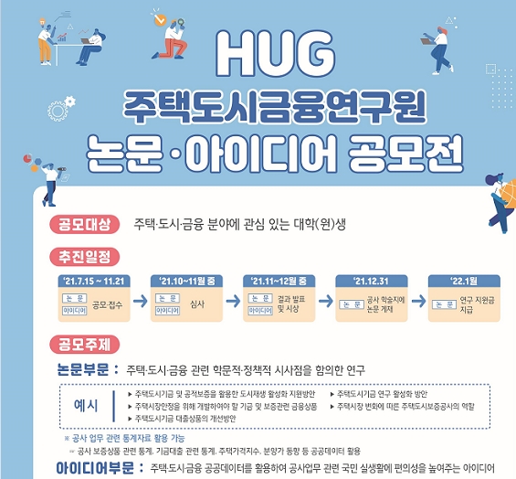 HUG가 ‘2021년 HUG 주택도시금융연구원 논문/아이디어 공모’ 접수 기간을 오는 11월 21일까지 연장한다.(사진=HUG)