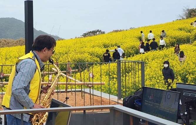 부안군지회 색소피아 봉사단이 유채꽃밭에서 관광객과 군민을 위한 색소폰 공연을 하고 있다.