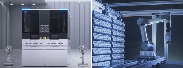 제이브이엠의 차세대 파우치 포장 자동 조제기 ‘MENITH’(왼쪽). 오른쪽 사진은 이 장비 내부에서 다관절 협동로봇을 활용해 캐니스터를 자동 교체 모습.